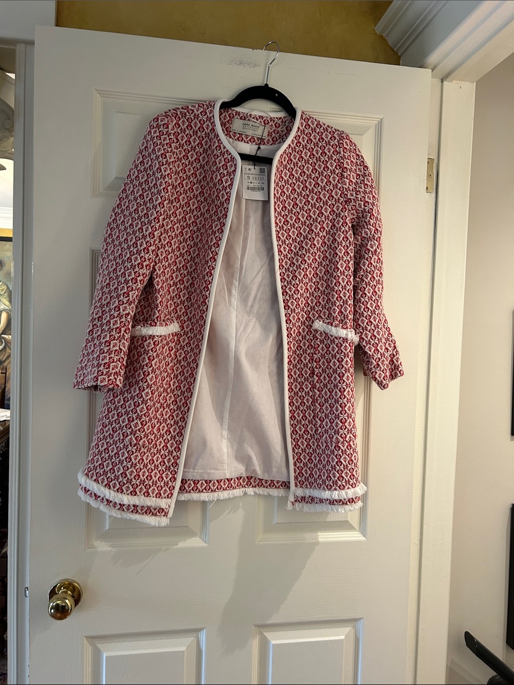 Zara Red  & White Tweed Open-Front Blazer Jacket